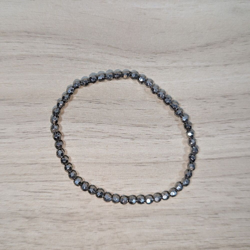 Faceted Hematite Bead Bracelet Gray Stretch Minimalist Jewelry